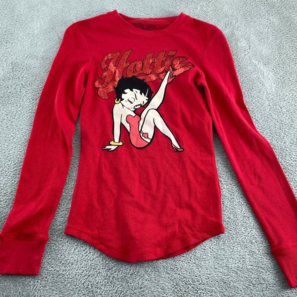 Betty Boop Junior Red Long Sleeve Thermal Top With Glitter "Hottie" Graphic 1457